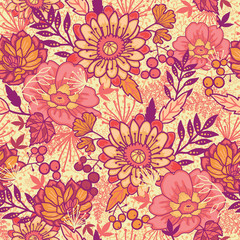 Vector gold and red autumn flowers elegant seamless pattern