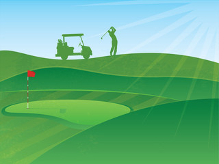 Golf Course Hills Background with a Golfer and Cart