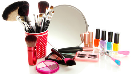 cosmetics near mirror isolated on white