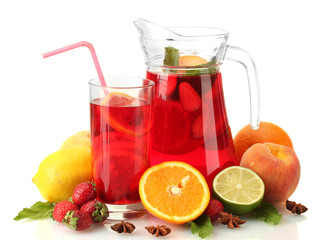 sangria in jar and glass with fruits, isolated on white