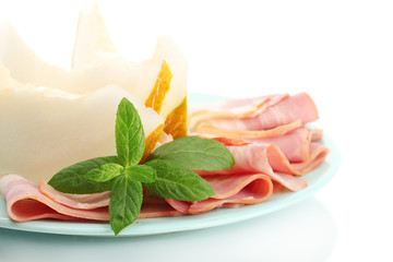 parma ham and melon, isolated on white