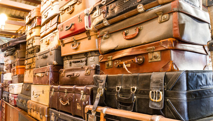 Pile of old vintage bag suitcases