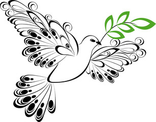 Flying dove whit olive branch. Symbol of peace and unity