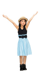 Fototapeta premium Asian young girl hand up in the air, Isolated over white