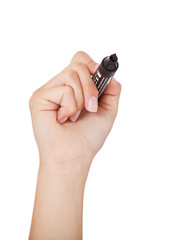 Hand hält schwarzen Marker