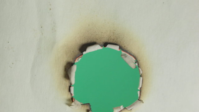 Burning paper. Macro. Green screen.