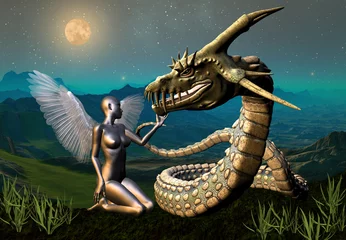Wall murals Dragons Dragon & Angel - Fantasy Scene
