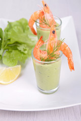 appetizer, avocado cream and shrimp