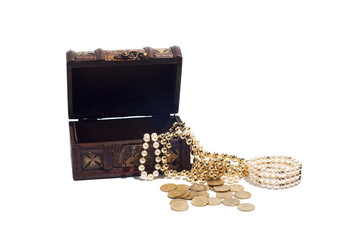 wooden chest full of jewels and coins, isolated