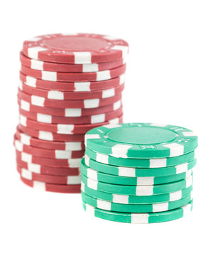 Stacks of red and green poker chips