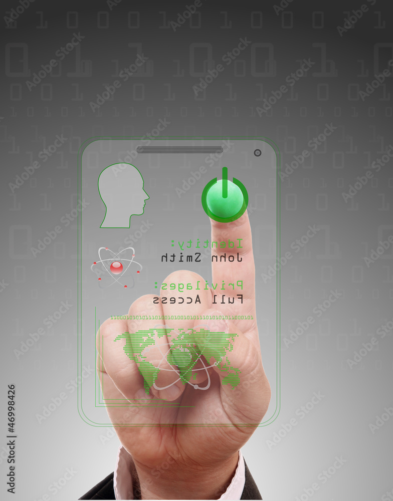 Poster man entering the door or secure data by touch screen