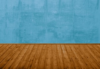 Leerer Raum mit blauer Steinwand und braunem Holzboden