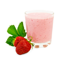 Milkshake with strawberry and a leaf