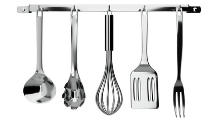 kitchen utensils hanging on white background - Powered by Adobe