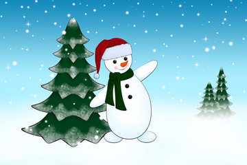 Fototapeta premium winkender Schneemann in Winterlandschaft