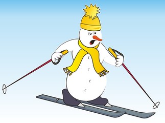 snowman and ski, humorous vector illustration