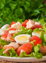fresh salmon salad, lettuce and quail eggs