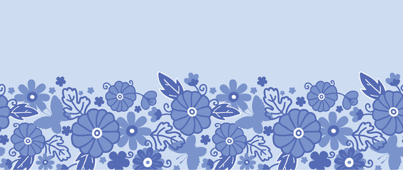 Vector Delft blue Dutch flowers elegant horizontal seamless