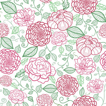 Vector floral line art seamless pattern with hand drawn flowers