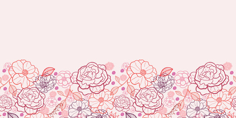 Vector floral line art horizontal seamless pattern ornament with