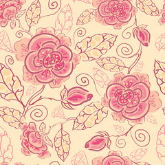 Vector floral line art seamless pattern with hand drawn roses on