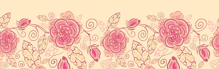 Vector floral line art horizontal seamless pattern ornament with