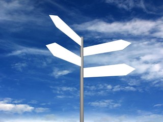 Signpost on beautiful background of blue sky. 3D render.