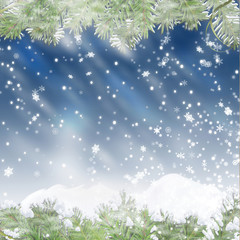 Fototapeta na wymiar Christmas niebieskie tło z płatki śniegu i gałęzi sosnowych