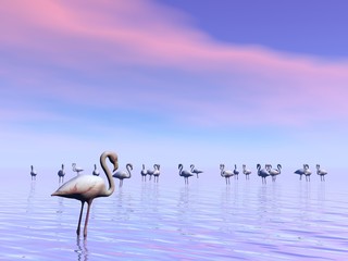 Flock of flamingos - 3D render