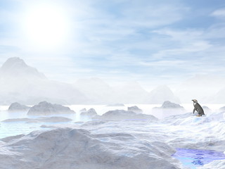 Penguin looking at the sun - 3D render