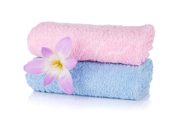 Pink and blue towels and flower