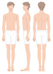 男性のからだ　水着　正面　横向き　後姿