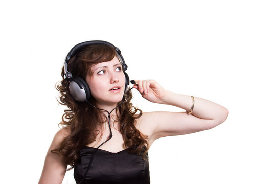girl in earphones on a white background