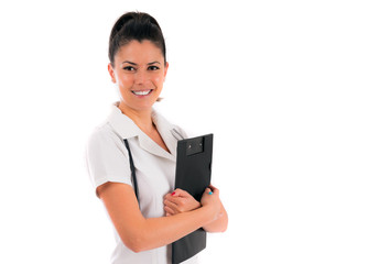 woman doctor holding white file in shis hand, isolated on white