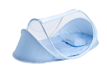 A cute blue baby mosquito net with pad and pillow