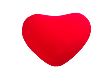Soft red heart cushion on white background