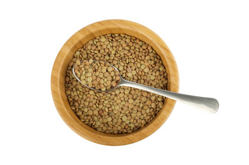 wood bowl and steel spoon with lentil