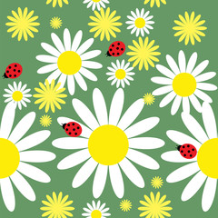 Seamless texture with daisies and ladybug - 47034063