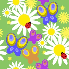 Poster Naadloos patroon met vlinders en bloemen © bulycheva_art