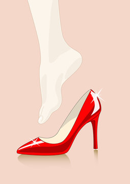 vector illustration of foot trying red shoe