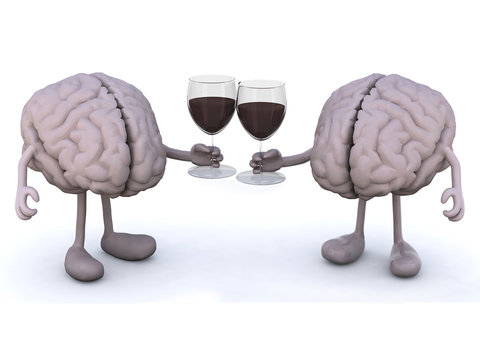 two human brain with glass of red wine