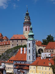 Fototapeta premium Cesky Krumlov castle tower and St Jost church, Czech Republic