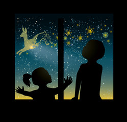 Christmas card / Children behind the window