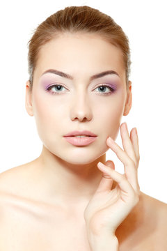 Woman pefect beauty face closeup with clean skin and pink soft m