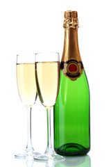 glasses and bottle of champagne isolated on a white