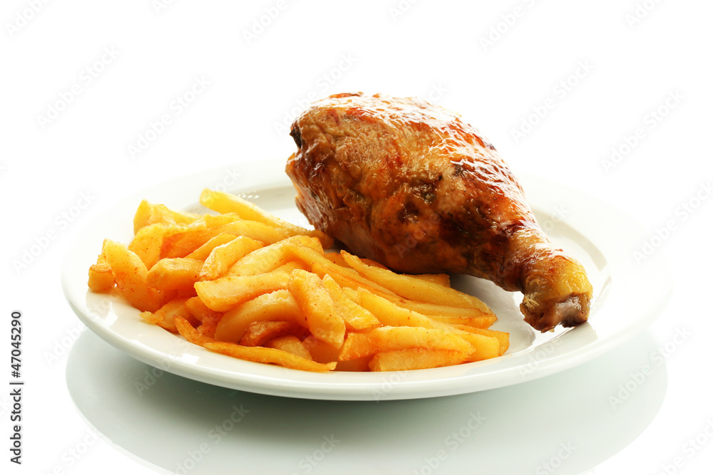 Wall mural roast chicken with french fries on plate, isolated on white