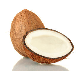 coconut with half coconut isolated on white background close-up