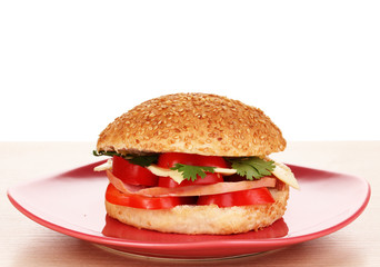 Appetizing sandwich on color plate isolated on white