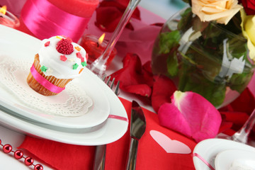 Table setting in honor of Valentine's Day close-up
