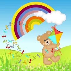 Gordijnen Teddybeer met vliegerwind op regenboog © soniagoncalves